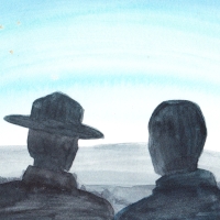outline of two men at dusk